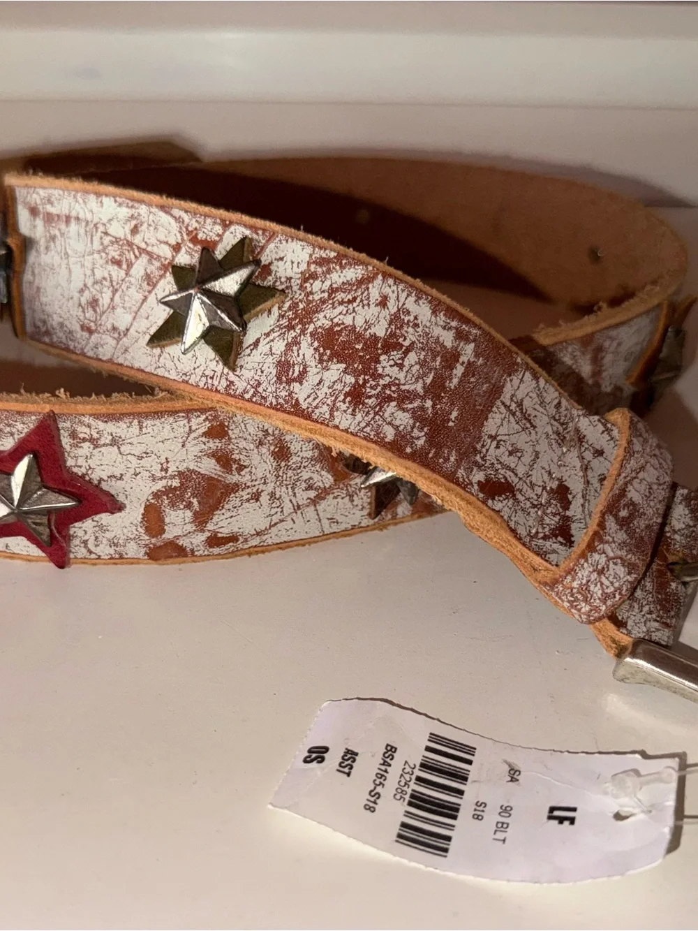 Brown and White Distressed Leather Star Stud Belt
